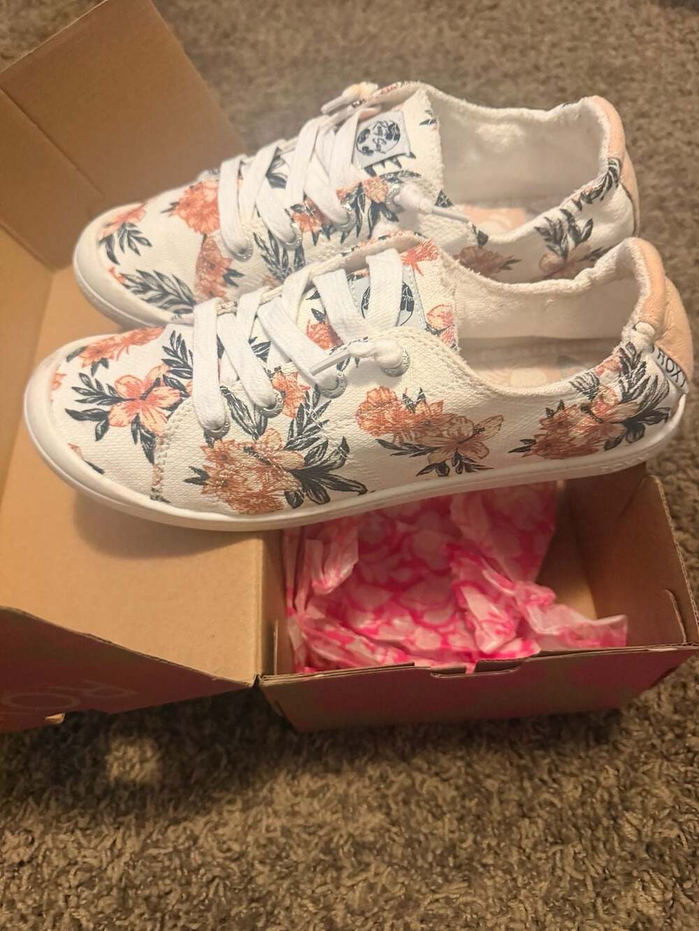 Roxy Bayshore Lace Up Floral Canvas Shoes White Orange Black